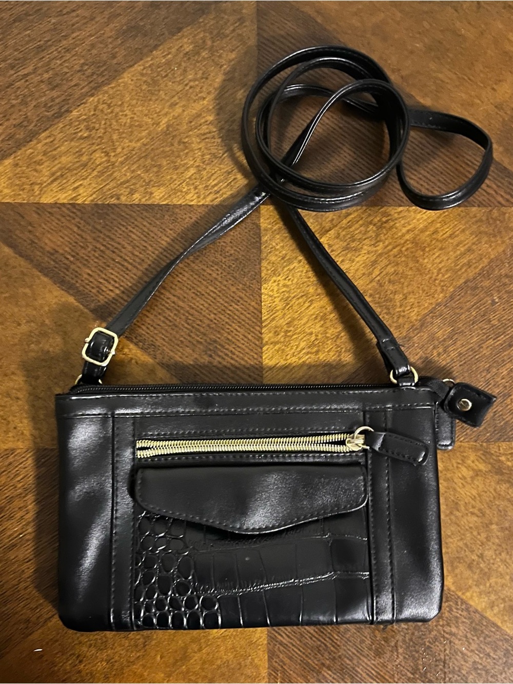 Black Crossbody Bag with Gold Zipper and Croc-Textured Accent
